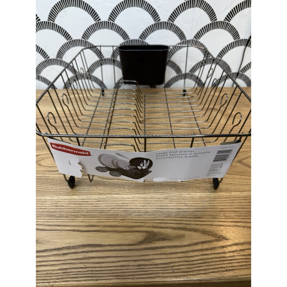 Rubbermaid Large Dish Drainer Drying Rack 6032 Chrome w/ Black Utensil Cup
